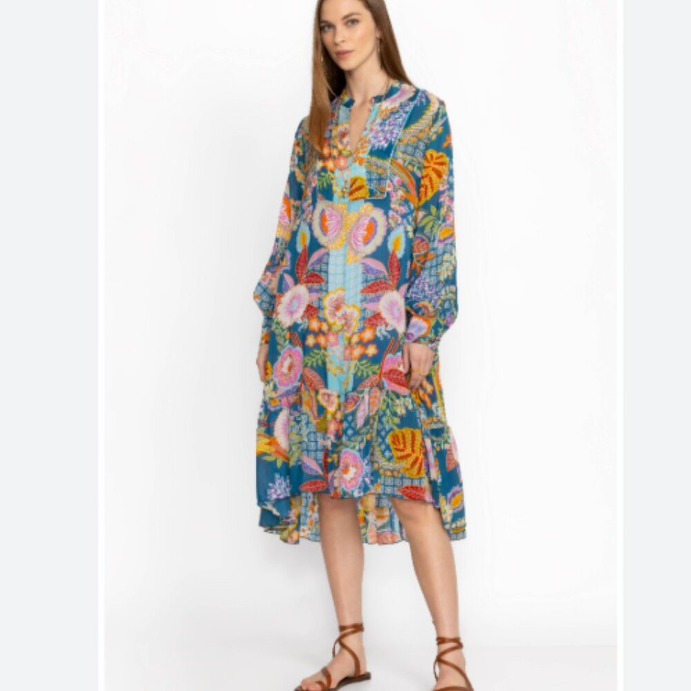 NWT JOHNNY WAS Wild Imana Midi Dress Floral Multi Blue Size XS
